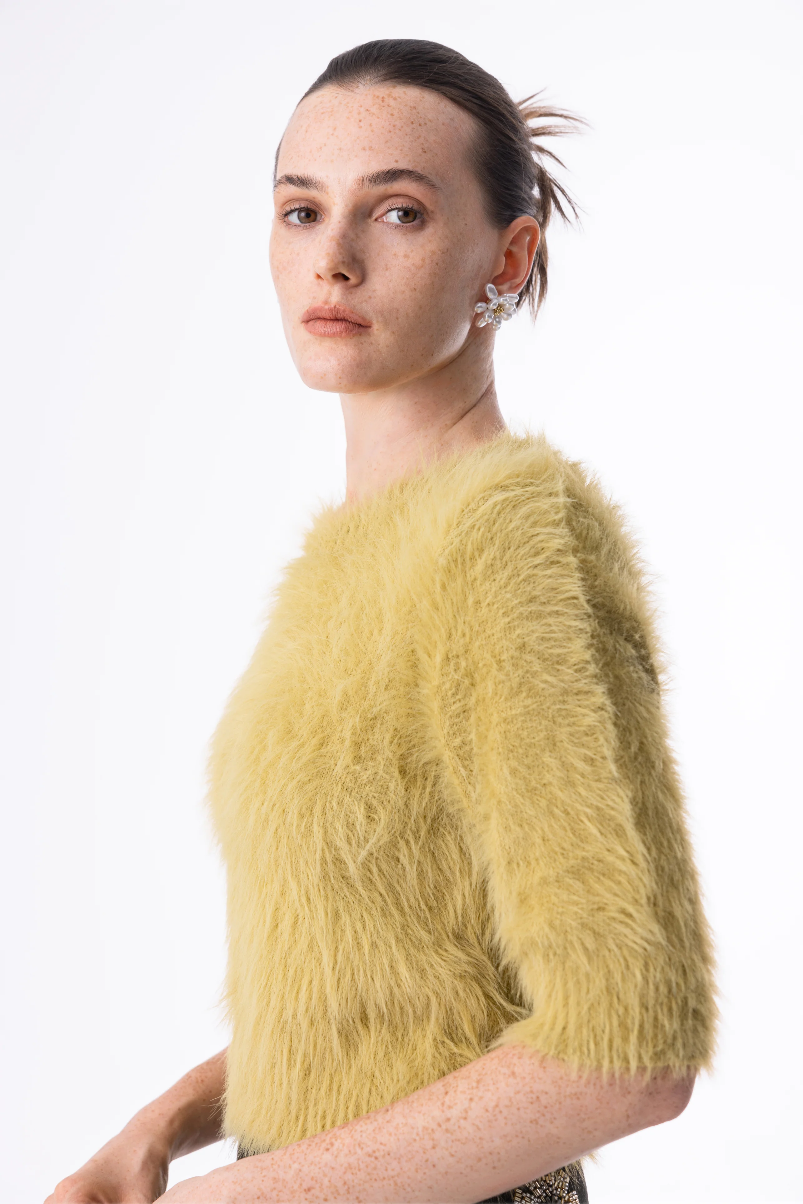 Short-sleeve fuzzy knit sweater