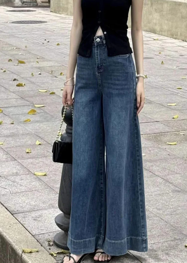 Fitted Navy Oversized Denim Wide Leg Pants Fall