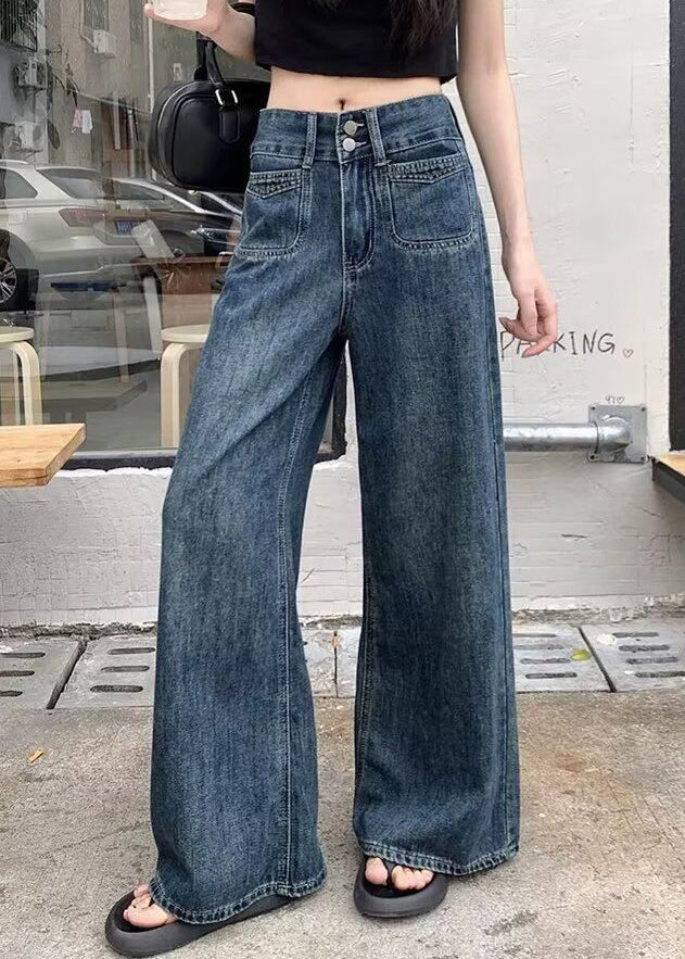 Women Navy Oversized Denim Straight Pants Fall