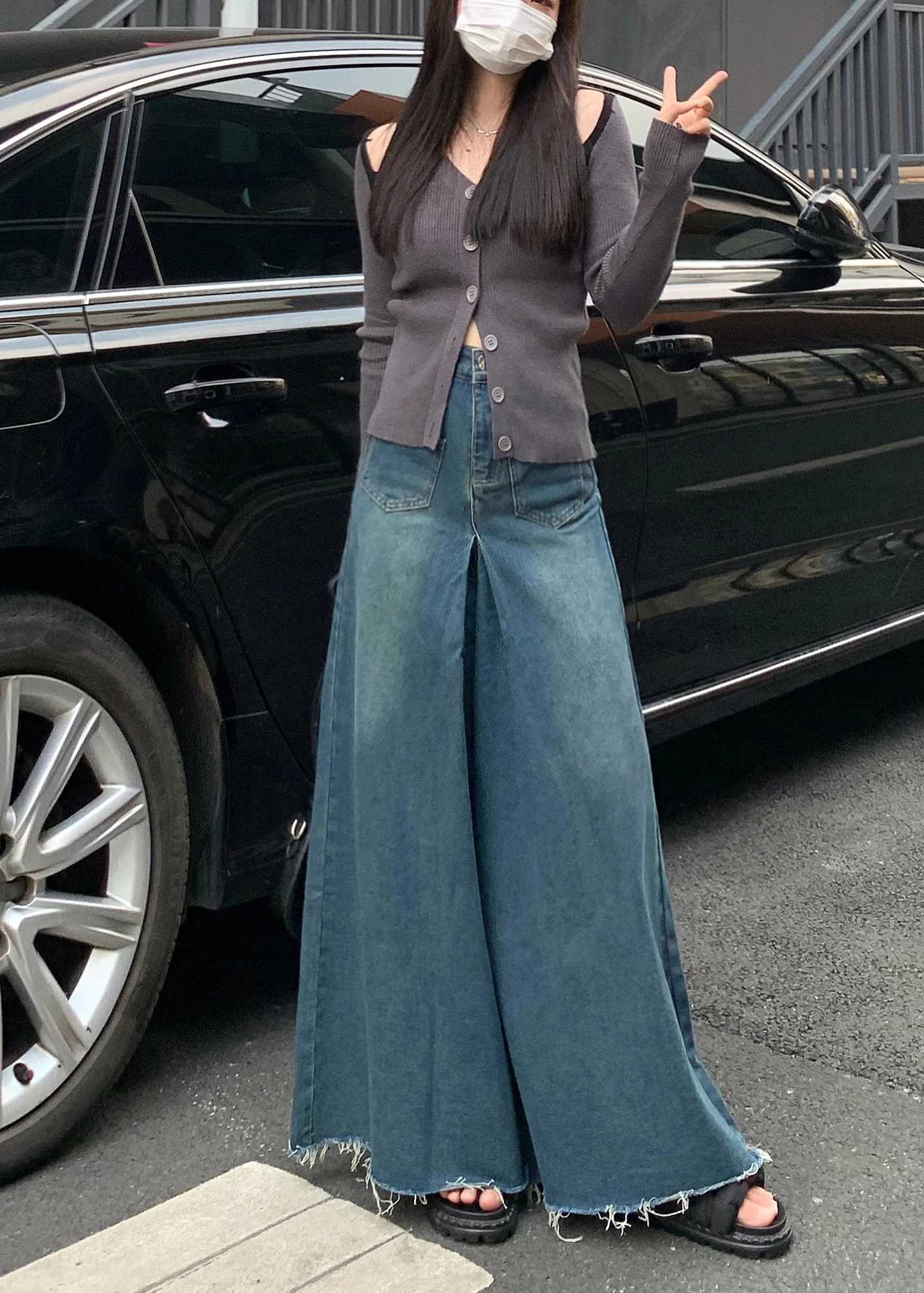 Casual Navy Tasseled Denim Wide Leg Pants Skirts Fall