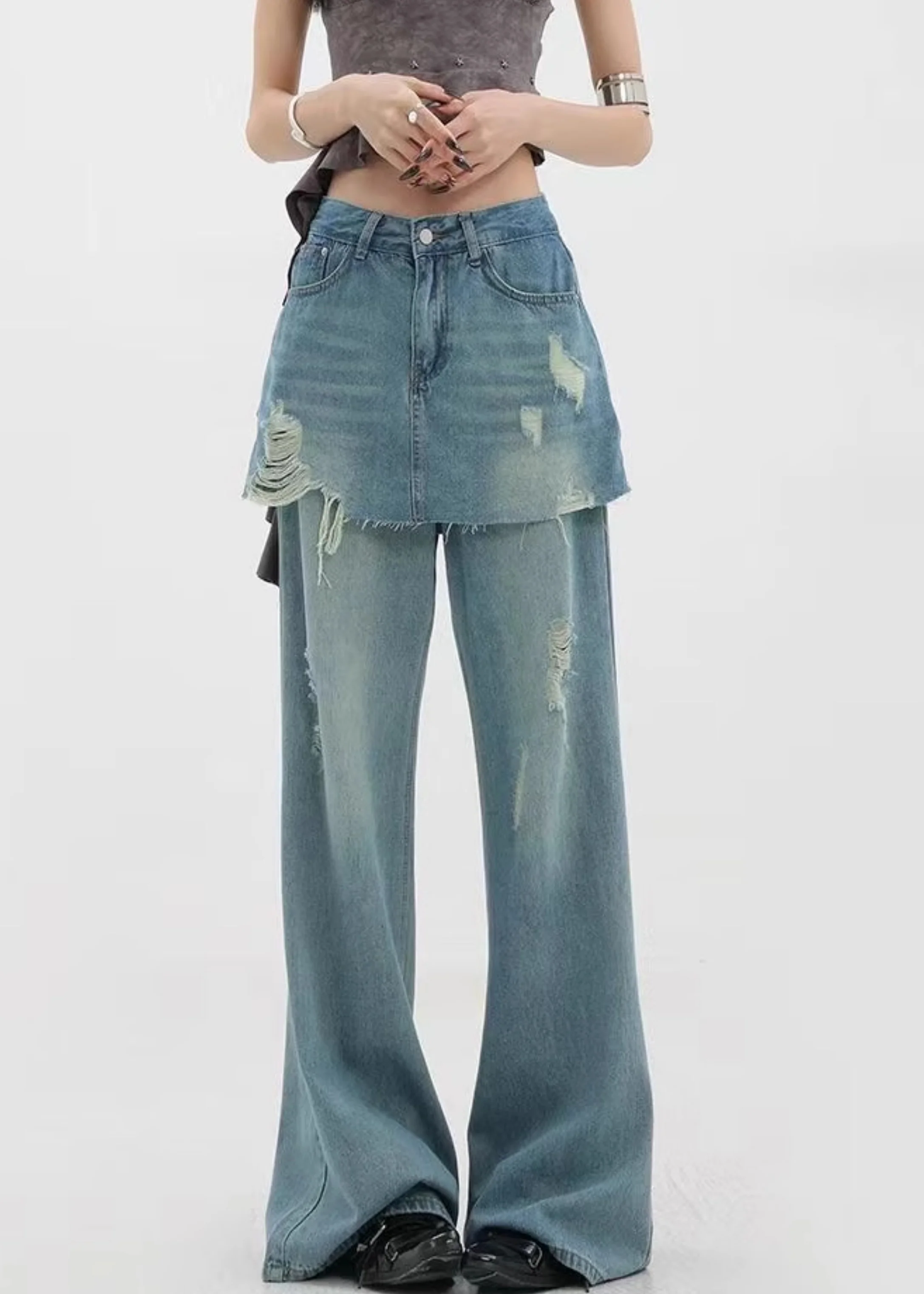 Style Blue Ripped Patchwork Denim Straight Pants Skirts Fall