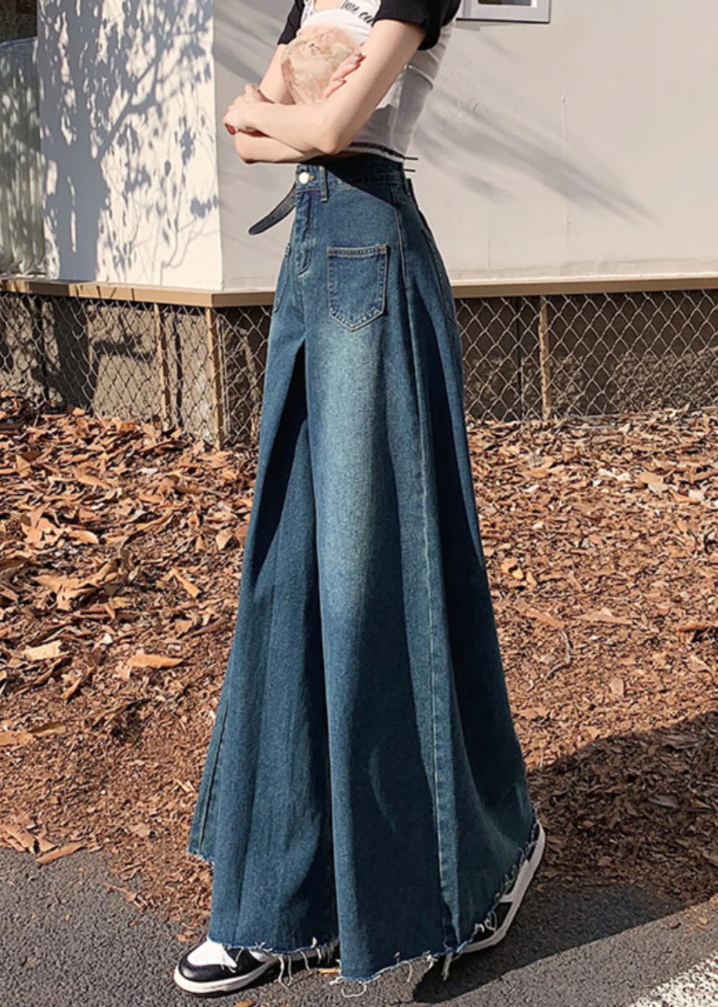 Navy Denim Wide Leg Pants Tasseled Fall