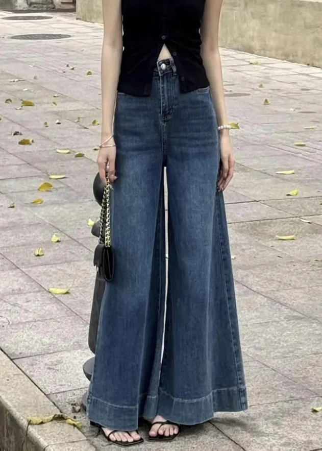 Fitted Navy Oversized Denim Wide Leg Pants Fall