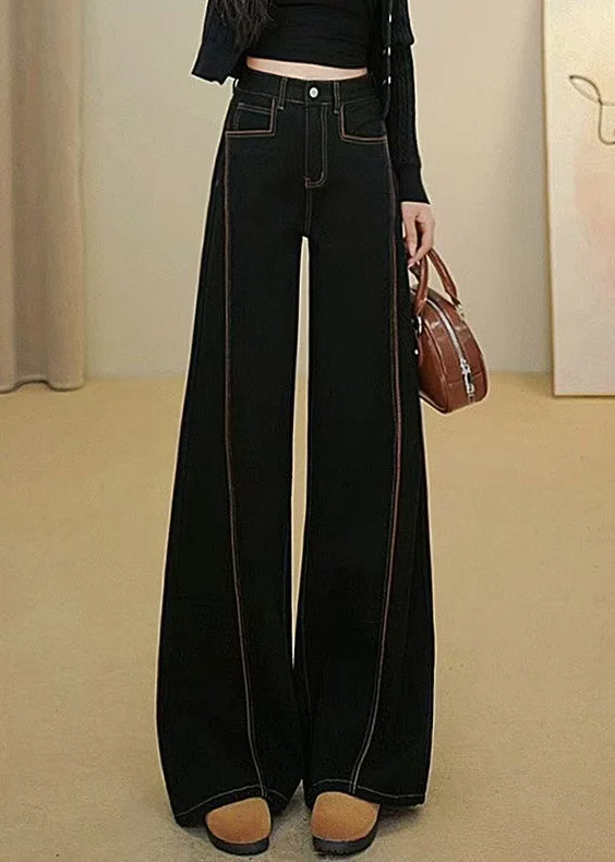 Simple Black Oversized Patchwork Denim Wide Leg Pants Fall