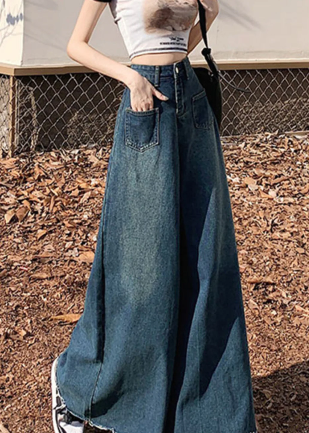 Navy Denim Wide Leg Pants Tasseled Fall