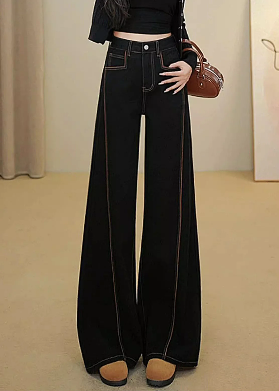 Simple Black Oversized Patchwork Denim Wide Leg Pants Fall