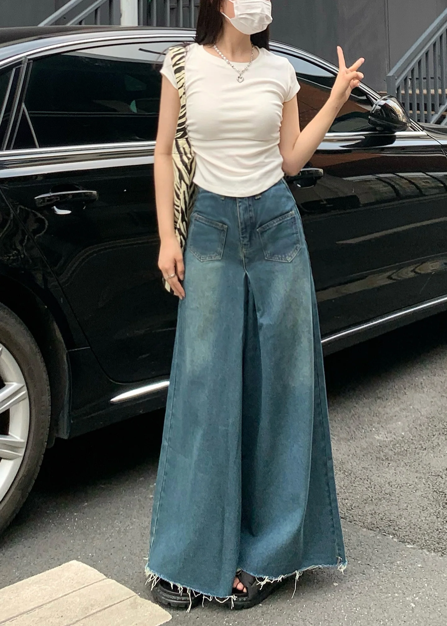 Casual Navy Tasseled Denim Wide Leg Pants Skirts Fall
