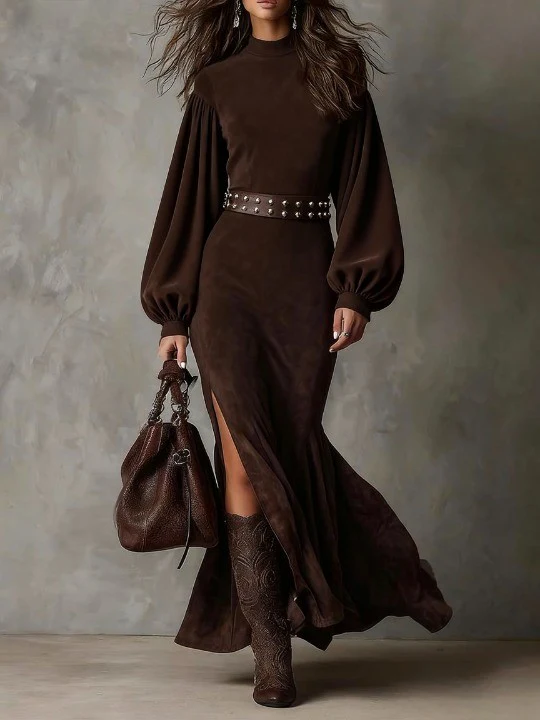 Retro lantern long-sleeved half-high collar maxi dress（Includes belt）