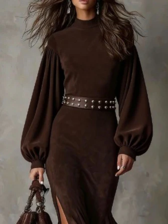 Retro lantern long-sleeved half-high collar maxi dress（Includes belt）