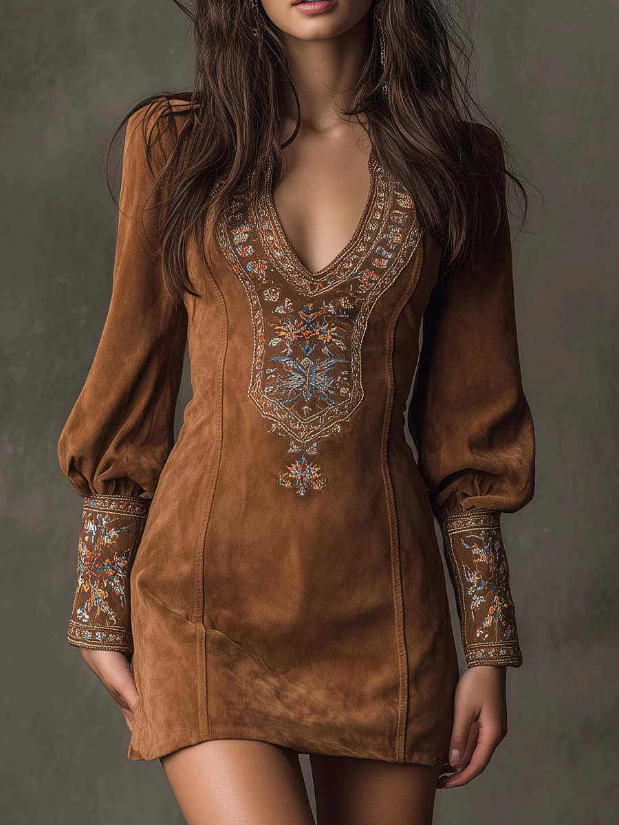 Vintage Brown V-Neck Suede Embroidered Mini Dress
