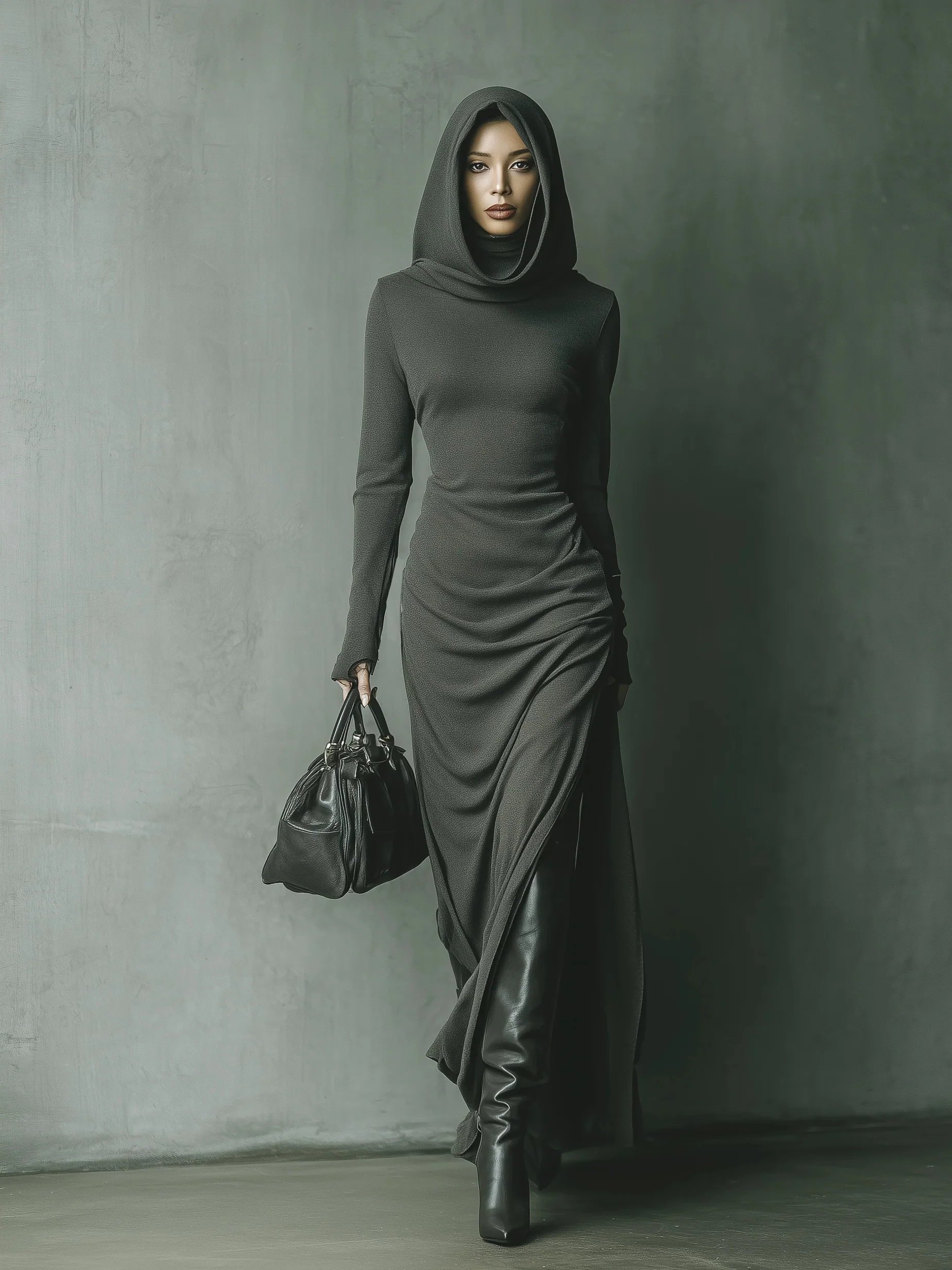 Dark Grey High Elastic Knitted Hooded Maxi Dress